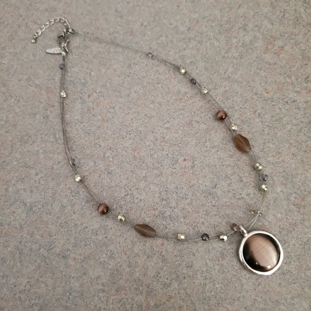 NY Tiger's Eye Stone Pendant 3 Strand Beaded Necklace